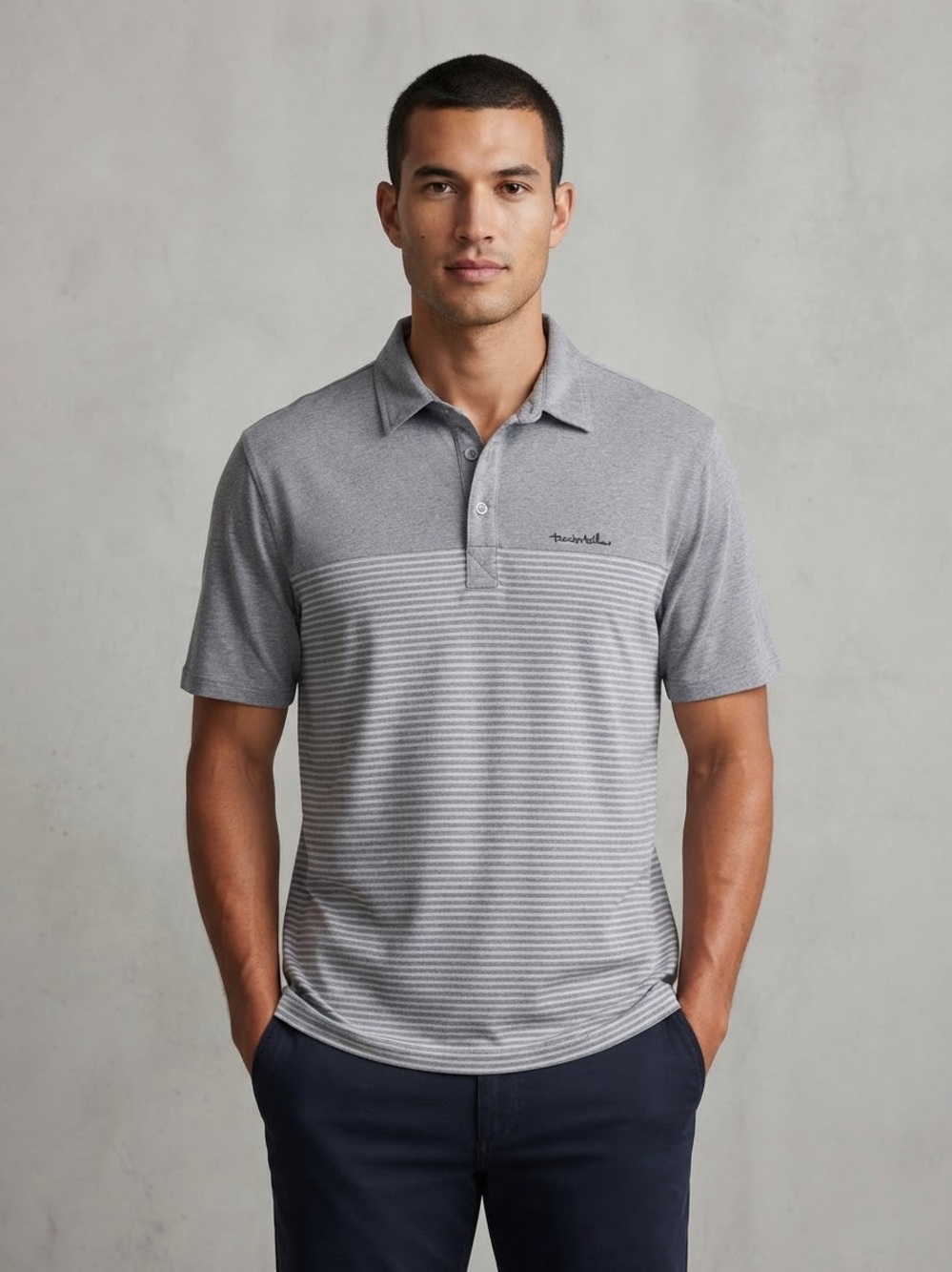 TravisMathew Gray Striped Short Sleeve Polo L